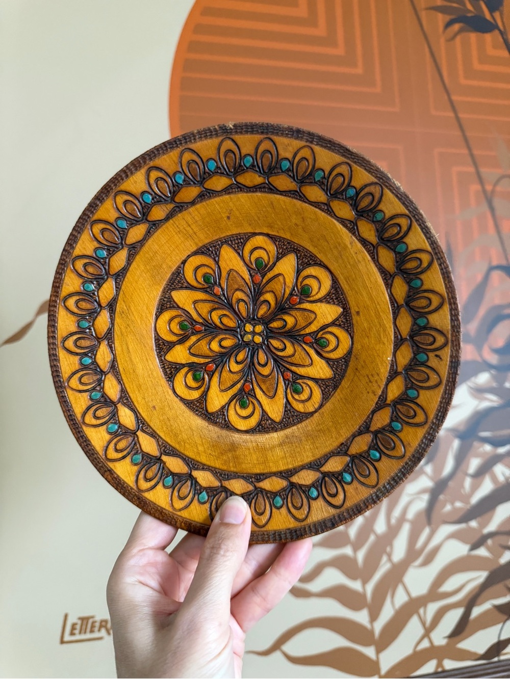 Polish folk art pyrography wooden wall plate